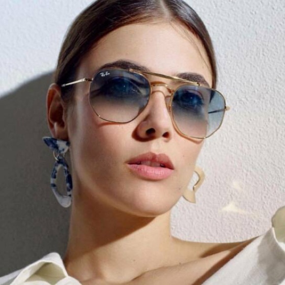 Gold Rimmed RayBans with Blue Lenses - Picture 5 of 5